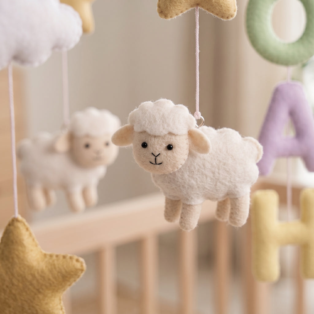 Custom Felt Mobile, Peaceful Nursery Decor, Lamb and Bird Crib Mobile, Unique Keepsake Gift for Newborn