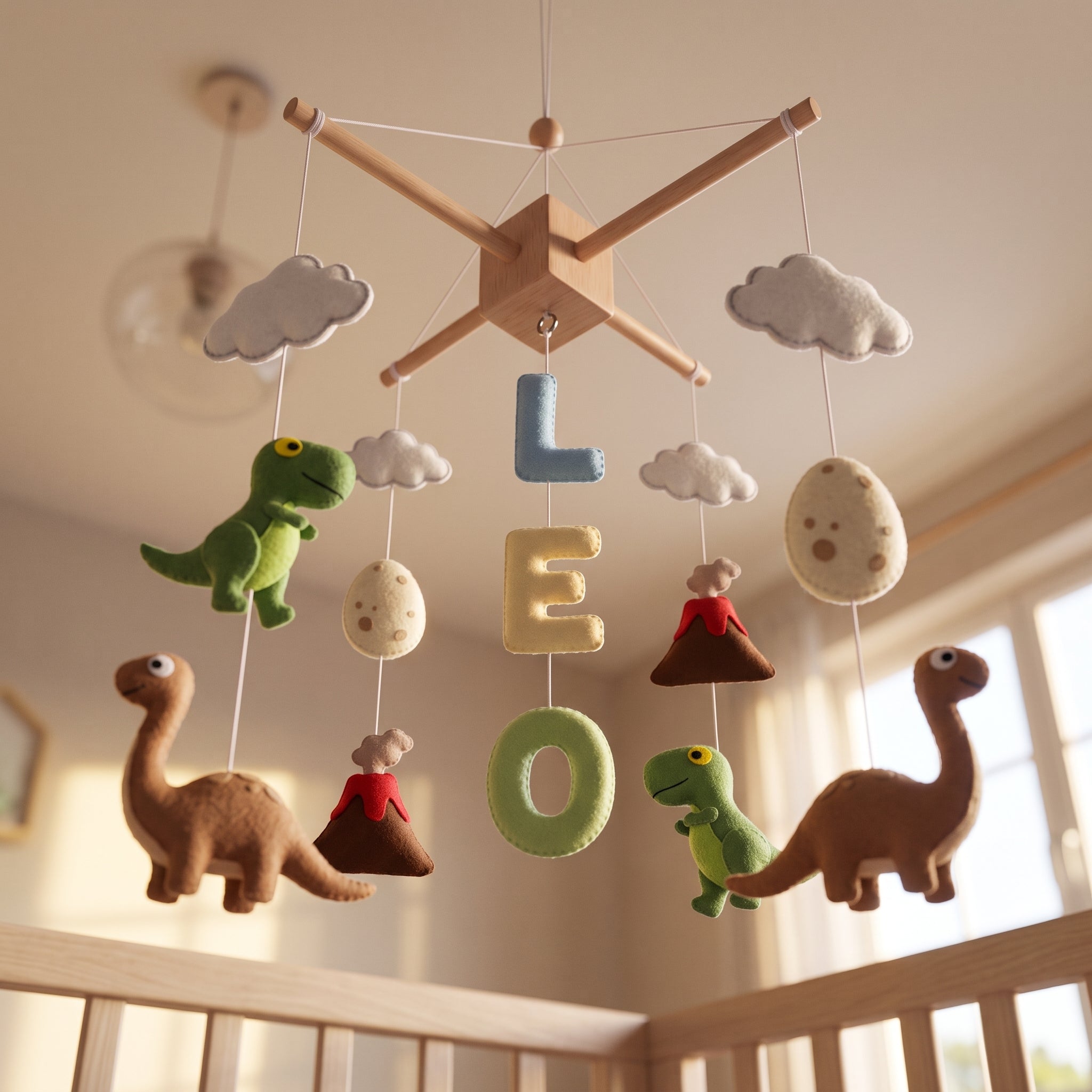 Custom Felt Mobile, Prehistoric Nursery Decor, T-Rex Crib Mobile, Unique Baby Name Gift