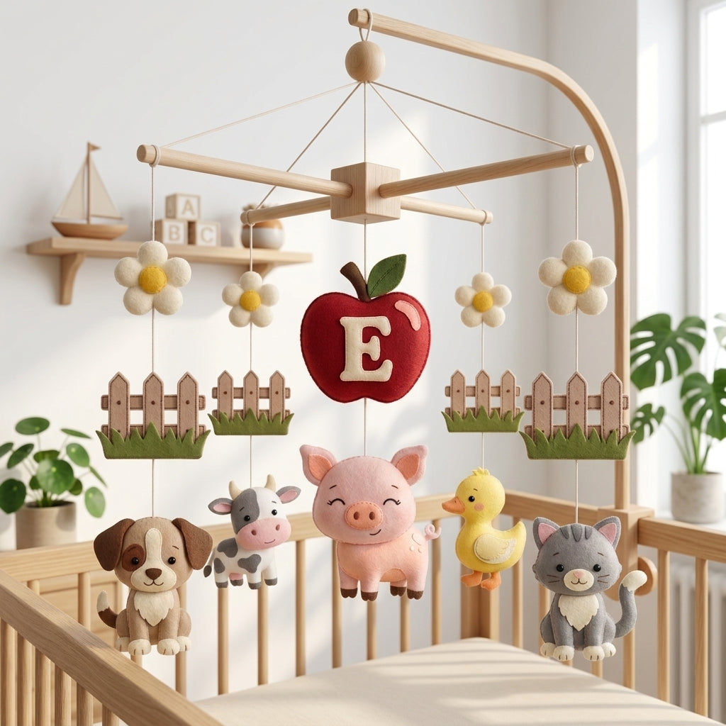 Handmade personalized felt baby mobile featuring a central red apple with the initial 'E', surrounded by farm animals including a dog, cow, pig, duck, and cat, hanging over a wooden baby crib, farmhouse-themed nursery decor.