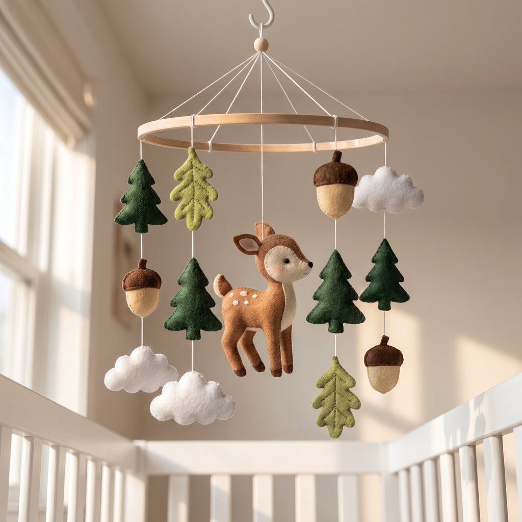 Deer Nursery Mobile, Felt Crib Mobile, Rustic Forest Baby Decor, Personalized Nature Theme Gift