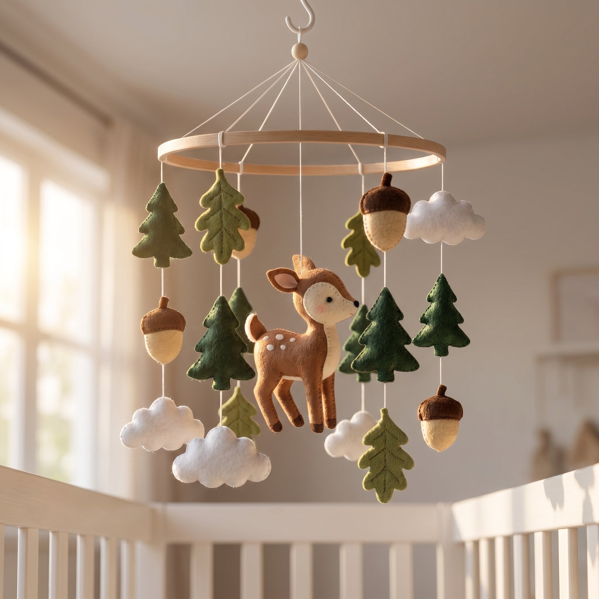 Deer Nursery Mobile, Felt Crib Mobile, Rustic Forest Baby Decor, Personalized Nature Theme Gift
