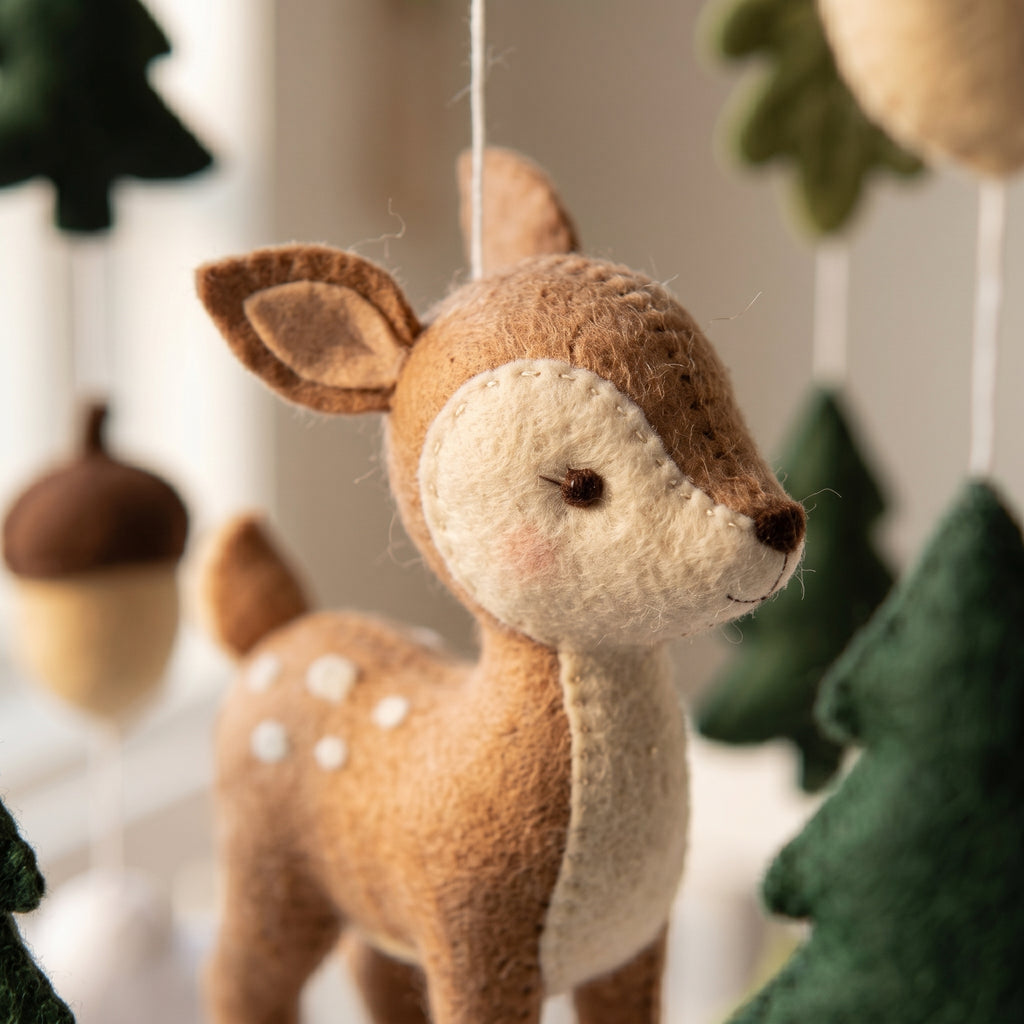 Deer Nursery Mobile, Felt Crib Mobile, Rustic Forest Baby Decor, Personalized Nature Theme Gift