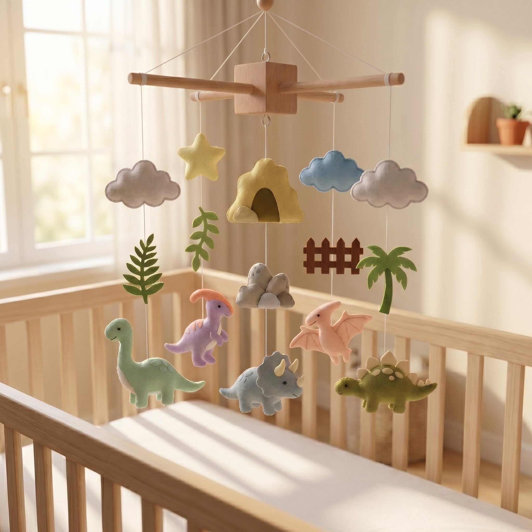 Dino Nursery Mobile, Felt Crib Mobile, Dinosaur and Nature Baby Decor, Unique Newborn Gift
