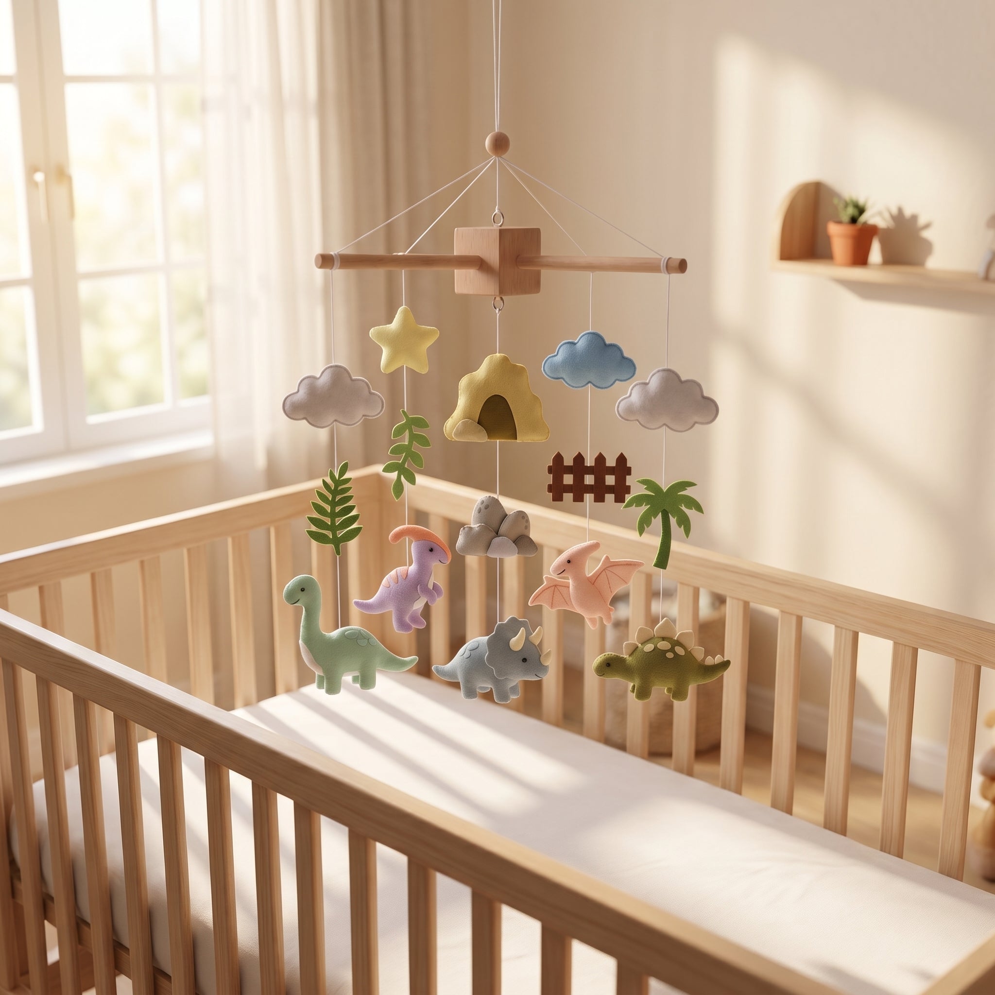 Handmade felt baby mobile featuring various dinosaurs, rocky mountains, palm trees, and clouds hanging over a wooden baby crib, dinosaur themed nursery decor