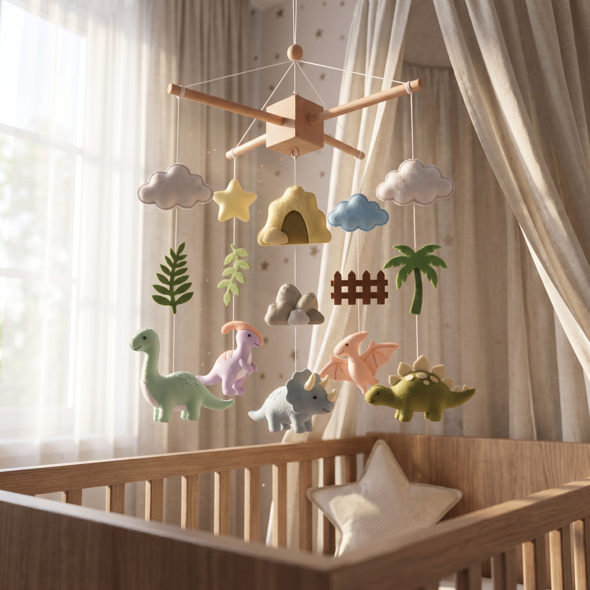 Dino Nursery Mobile, Felt Crib Mobile, Dinosaur and Nature Baby Decor, Unique Newborn Gift