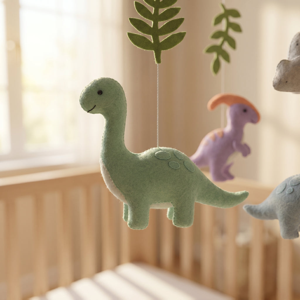 Dino Nursery Mobile, Felt Crib Mobile, Dinosaur and Nature Baby Decor, Unique Newborn Gift