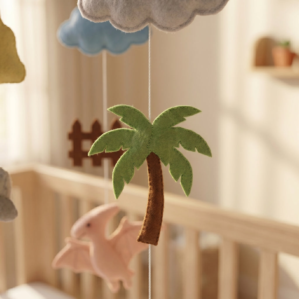 Dino Nursery Mobile, Felt Crib Mobile, Dinosaur and Nature Baby Decor, Unique Newborn Gift