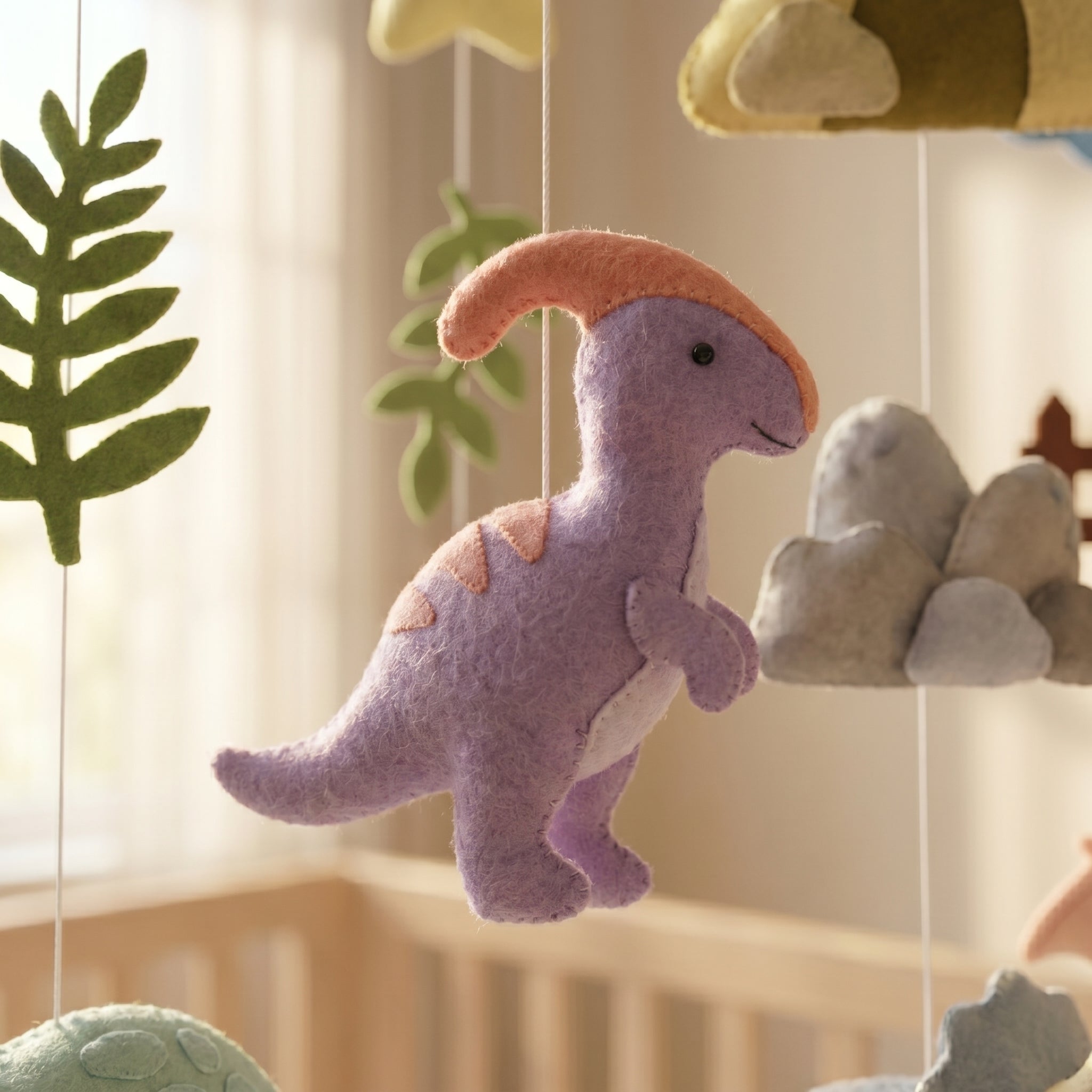 Dino Nursery Mobile, Felt Crib Mobile, Dinosaur and Nature Baby Decor, Unique Newborn Gift