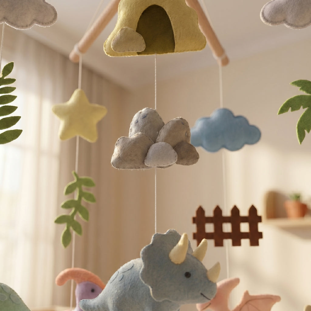 Dino Nursery Mobile, Felt Crib Mobile, Dinosaur and Nature Baby Decor, Unique Newborn Gift