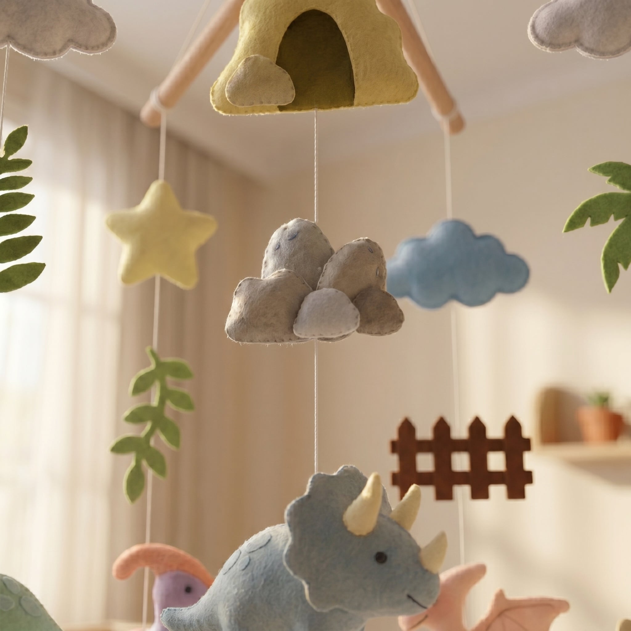 Dino Nursery Mobile, Felt Crib Mobile, Dinosaur and Nature Baby Decor, Unique Newborn Gift