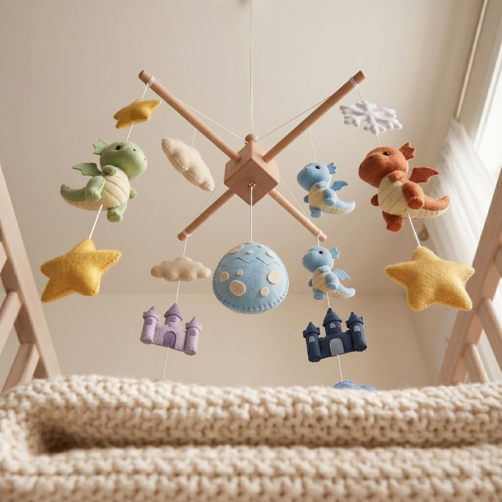 Dragon Nursery Mobile, Felt Crib Mobile, Fantasy Theme Baby Decor, Personalized Adventure Gift