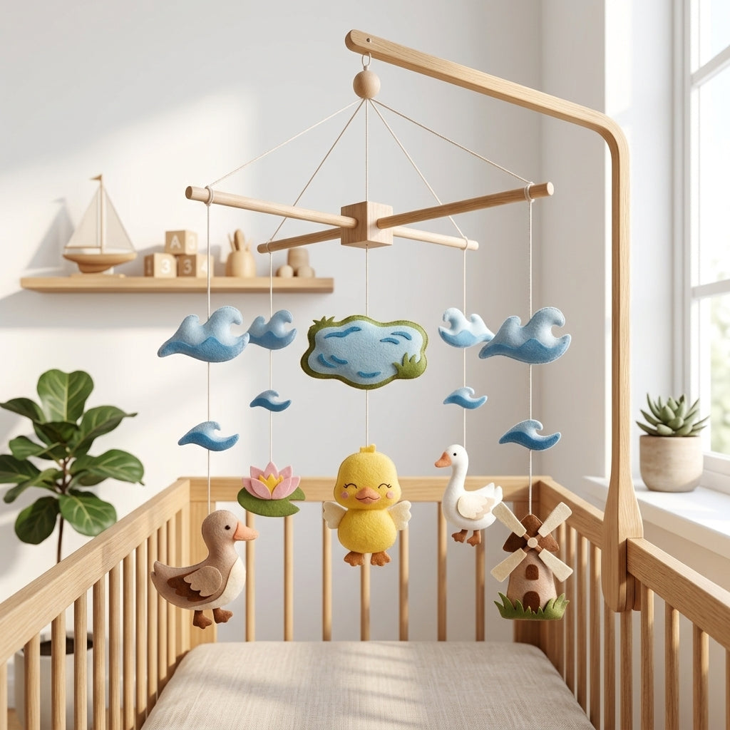 Handmade felt duck pond baby mobile with duckling, ducks, pond, waves, water lily, and windmill hanging above a wooden crib.