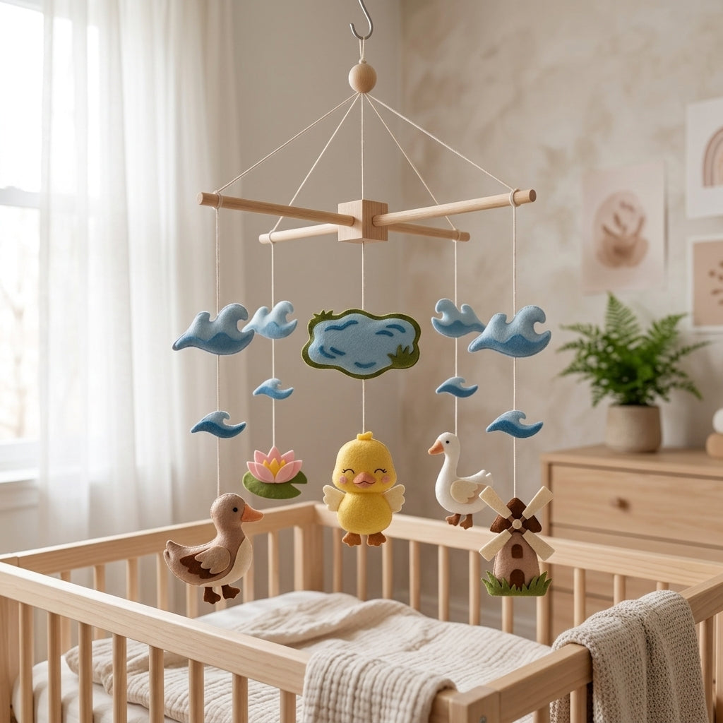 Duck Pond Felt Baby Mobile, Duckling Crib Mobile, Farm Nursery Decor, Baby Shower Gift for Newborn