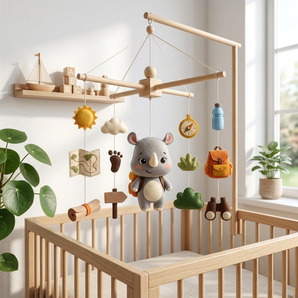 Handmade felt baby mobile featuring an adventurous rhino explorer with camping gear, map, compass, and binoculars, hanging over a wooden baby crib, travel-themed nursery decor.