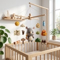 Handmade felt baby mobile featuring an adventurous rhino explorer with camping gear, map, compass, and binoculars, hanging over a wooden baby crib, travel-themed nursery decor.