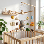 Handmade felt baby mobile featuring an adventurous rhino explorer with camping gear, map, compass, and binoculars, hanging over a wooden baby crib, travel-themed nursery decor.