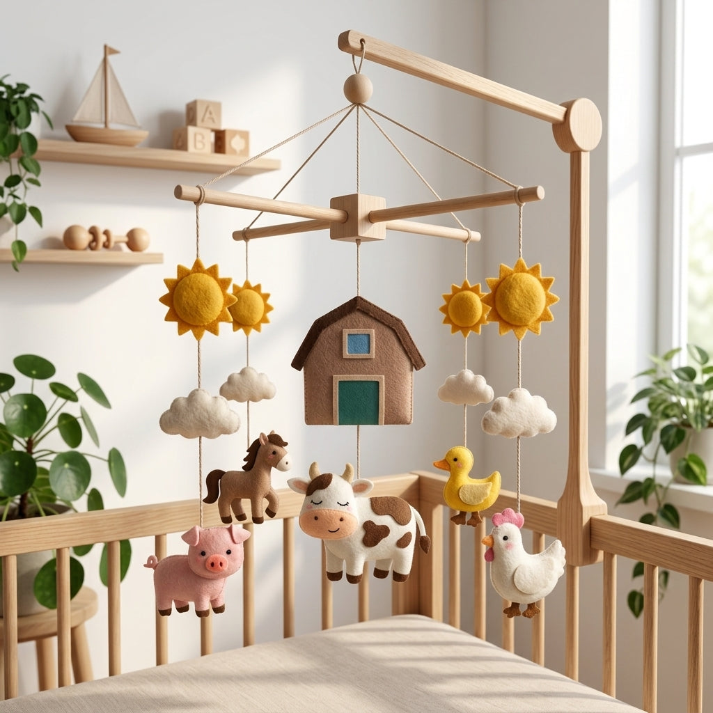 Handmade felt farm animal baby mobile with cow, pig, horse, duck, chicken, barn, clouds, and sunshine hanging above a wooden crib.