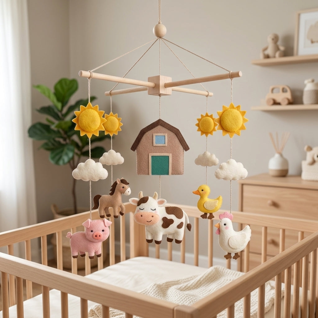 Farm Animals Felt Baby Mobile, Cow Crib Mobile, Farm Nursery Decor, Baby Shower Gift for Newborn