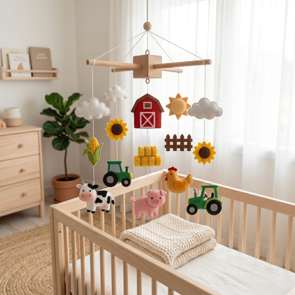 Handmade felt baby mobile featuring farm animals, tractors, a barn, and sunflowers hanging over a wooden baby crib, farm-themed nursery decor.