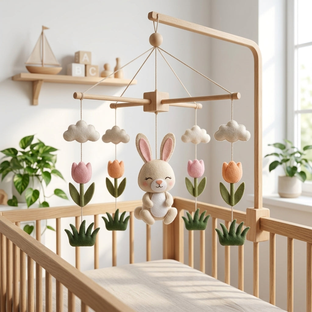 Handmade felt bunny baby mobile with tulips, clouds and grass hanging above a wooden crib in a spring nursery.