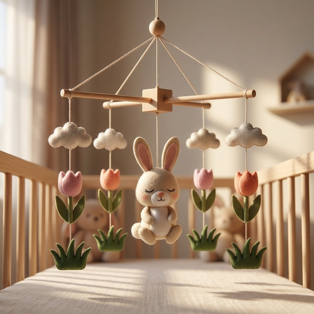 Felt Baby Mobile, Bunny Crib Mobile, Spring Nursery Decor, Baby Shower Gift