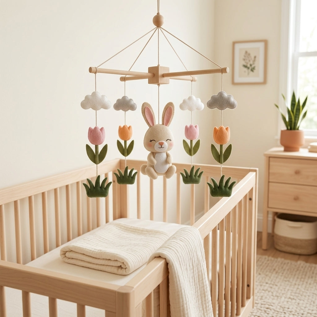 Felt Baby Mobile, Bunny Crib Mobile, Spring Nursery Decor, Baby Shower Gift