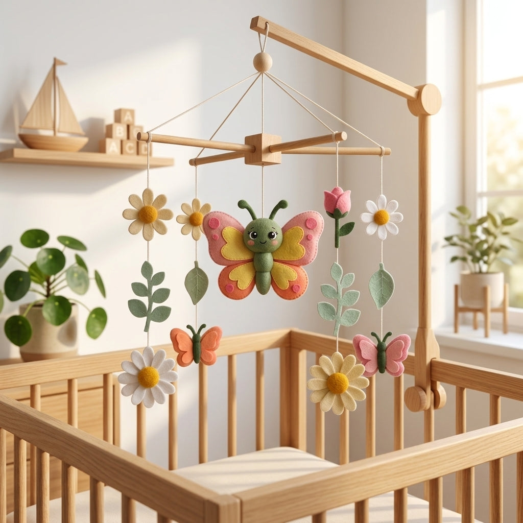 Handmade felt butterfly baby mobile with daisies, flowers and leaves hanging above a wooden crib in a floral nursery.