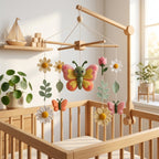 Handmade felt butterfly baby mobile with daisies, flowers and leaves hanging above a wooden crib in a floral nursery.