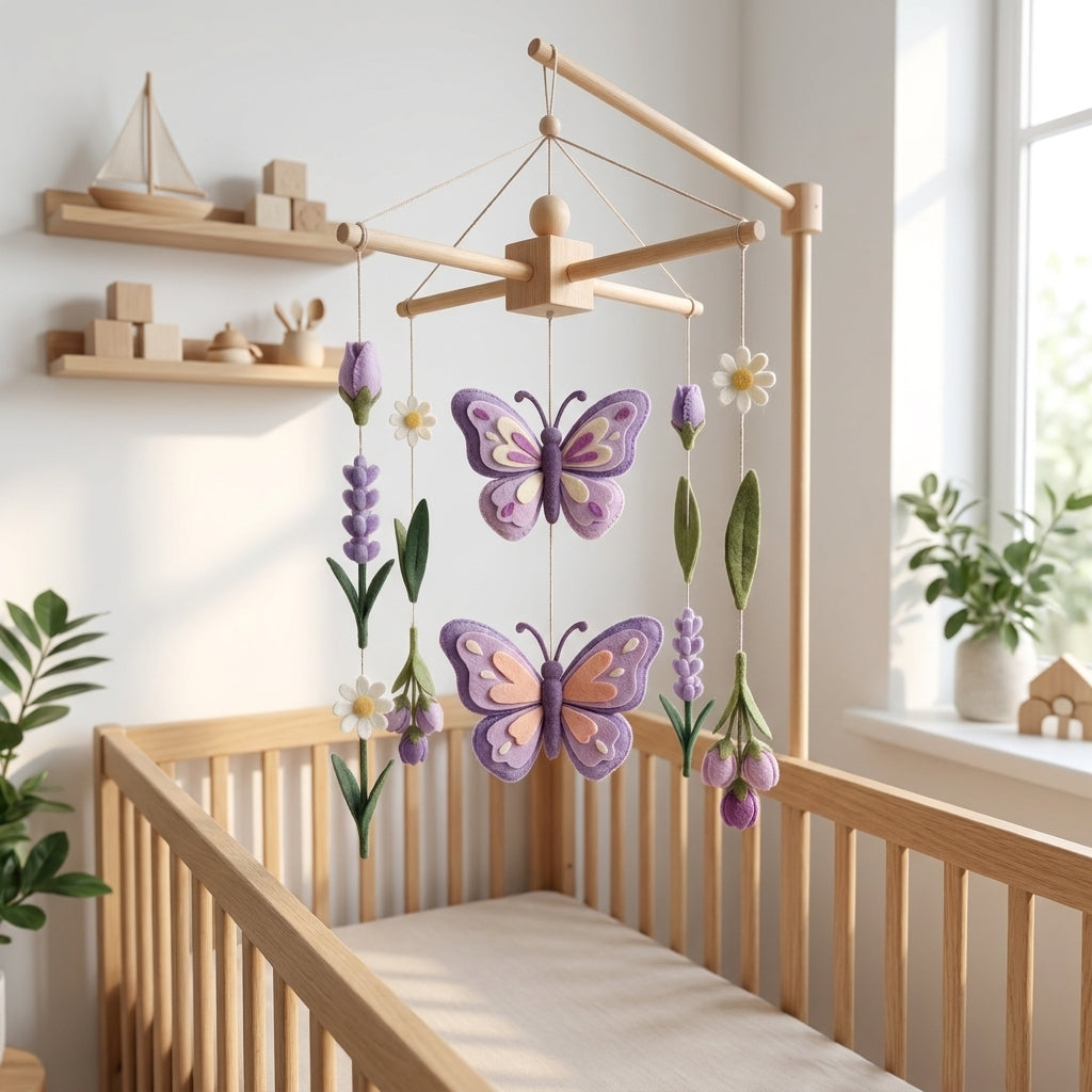 Felt Baby Mobile, Butterfly Nursery Decor, Lavender and Floral Crib Mobile, Baby Shower Gift for Girl