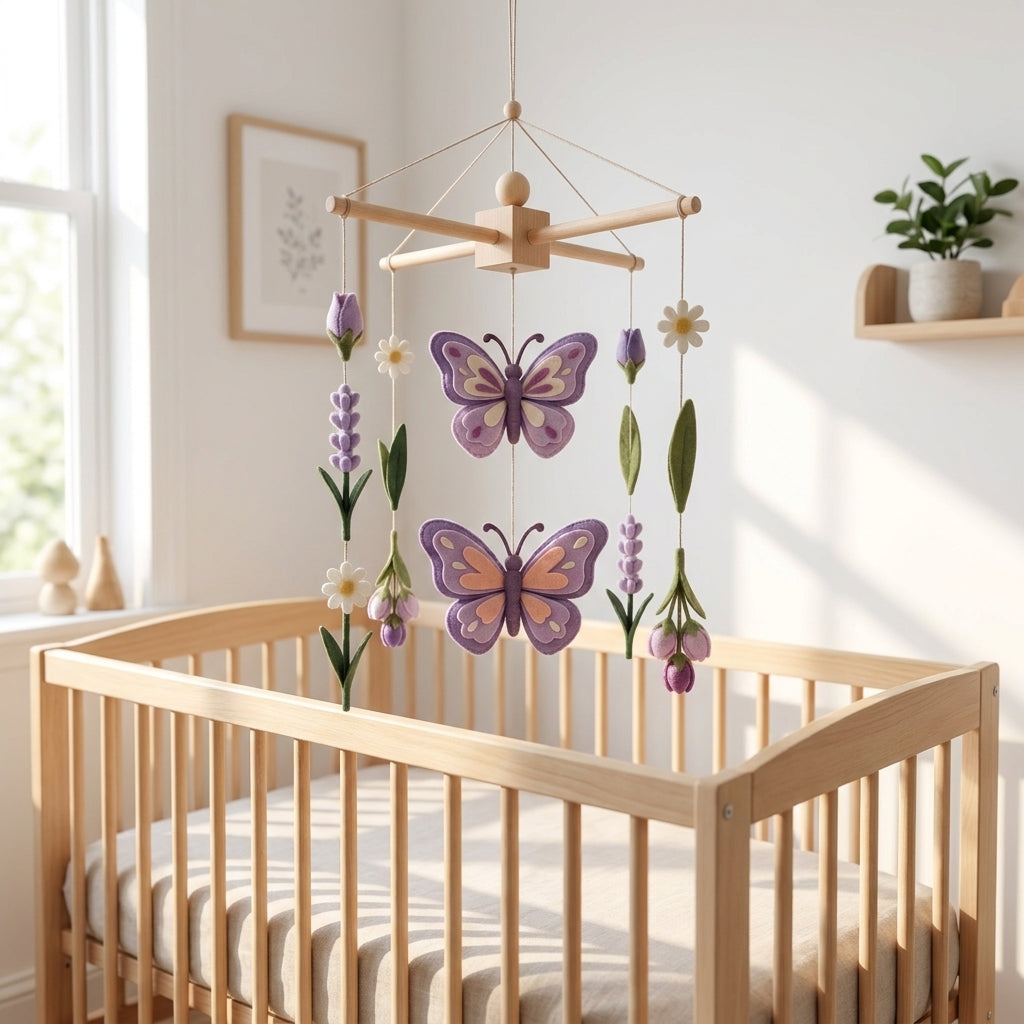 Felt Baby Mobile, Butterfly Nursery Decor, Lavender and Floral Crib Mobile, Baby Shower Gift for Girl
