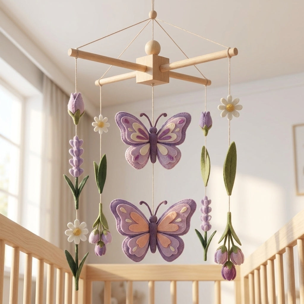 Handmade felt baby mobile featuring purple butterflies, lavender sprigs, and small flowers hanging from a wooden frame over a wooden baby crib, floral-themed nursery decor.