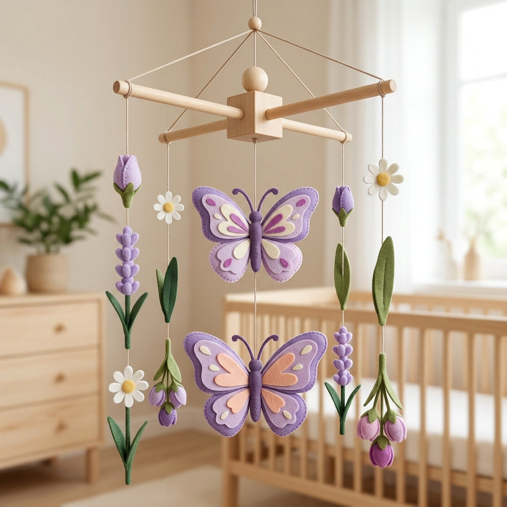 Felt Baby Mobile, Butterfly Nursery Decor, Lavender and Floral Crib Mobile, Baby Shower Gift for Girl