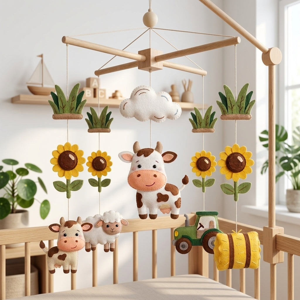 Handmade felt farm baby mobile with a cow, calf, sheep, sunflowers, tractor and hay bale hanging above a wooden crib.