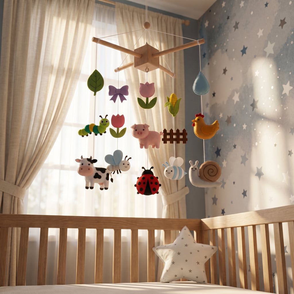 Felt Baby Mobile, Farm Animal Nursery Decor, Garden Theme Crib Mobile, Baby Shower Gift for Newborn