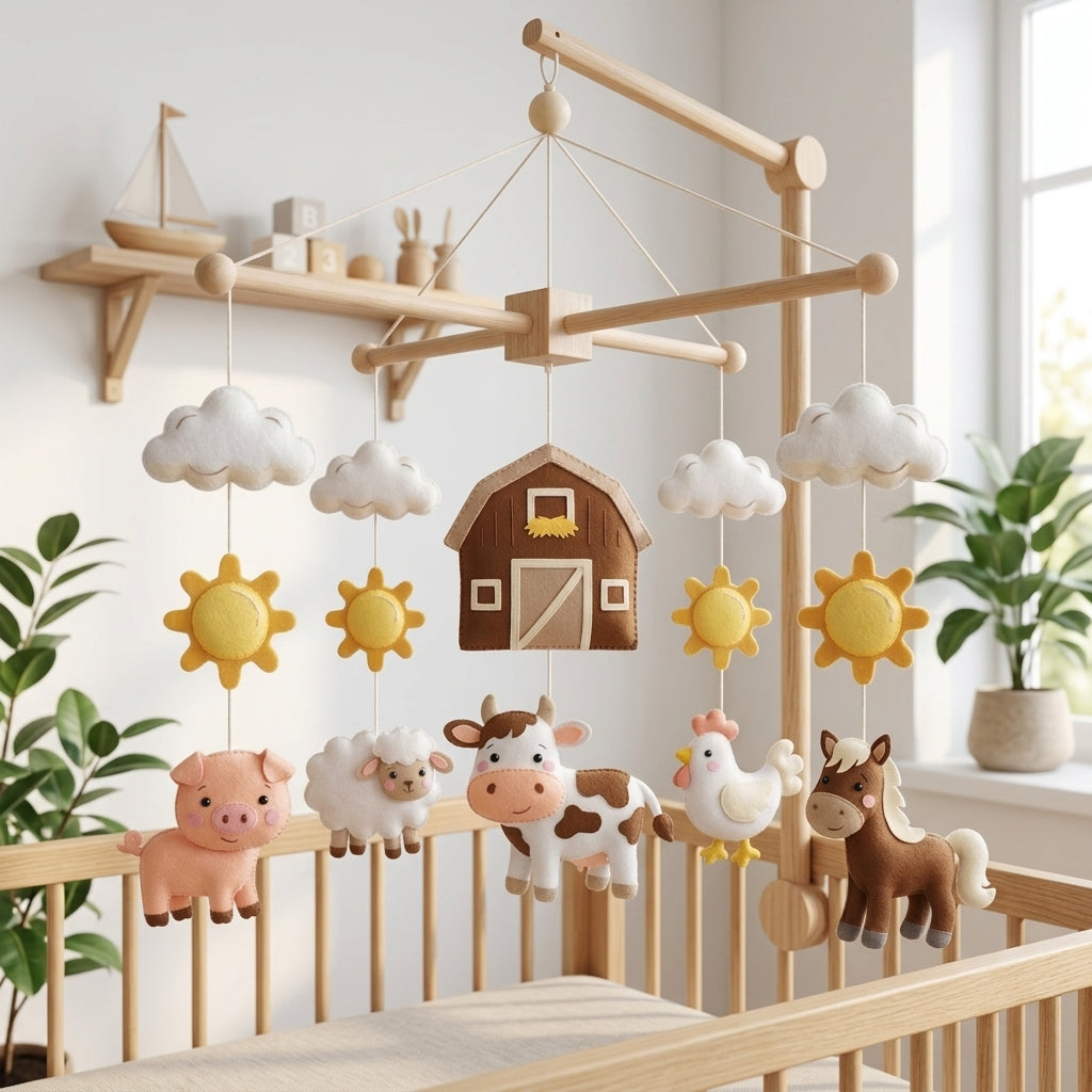 Handmade felt farm baby mobile featuring a barn, cow, pig, sheep, horse, chicken, clouds and suns above a wooden crib.
