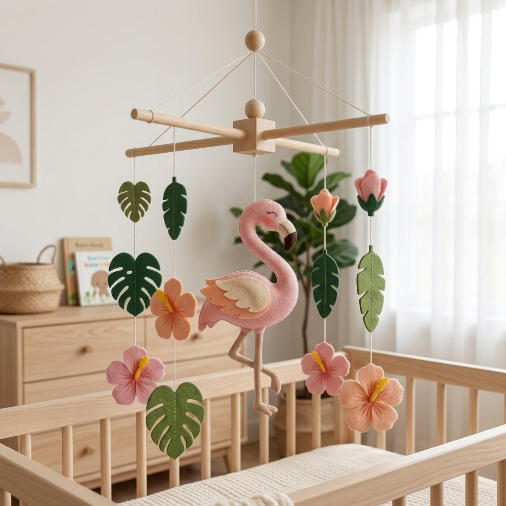 Felt Baby Mobile, Flamingo Crib Mobile, Tropical Nursery Decor, Baby Shower Gift