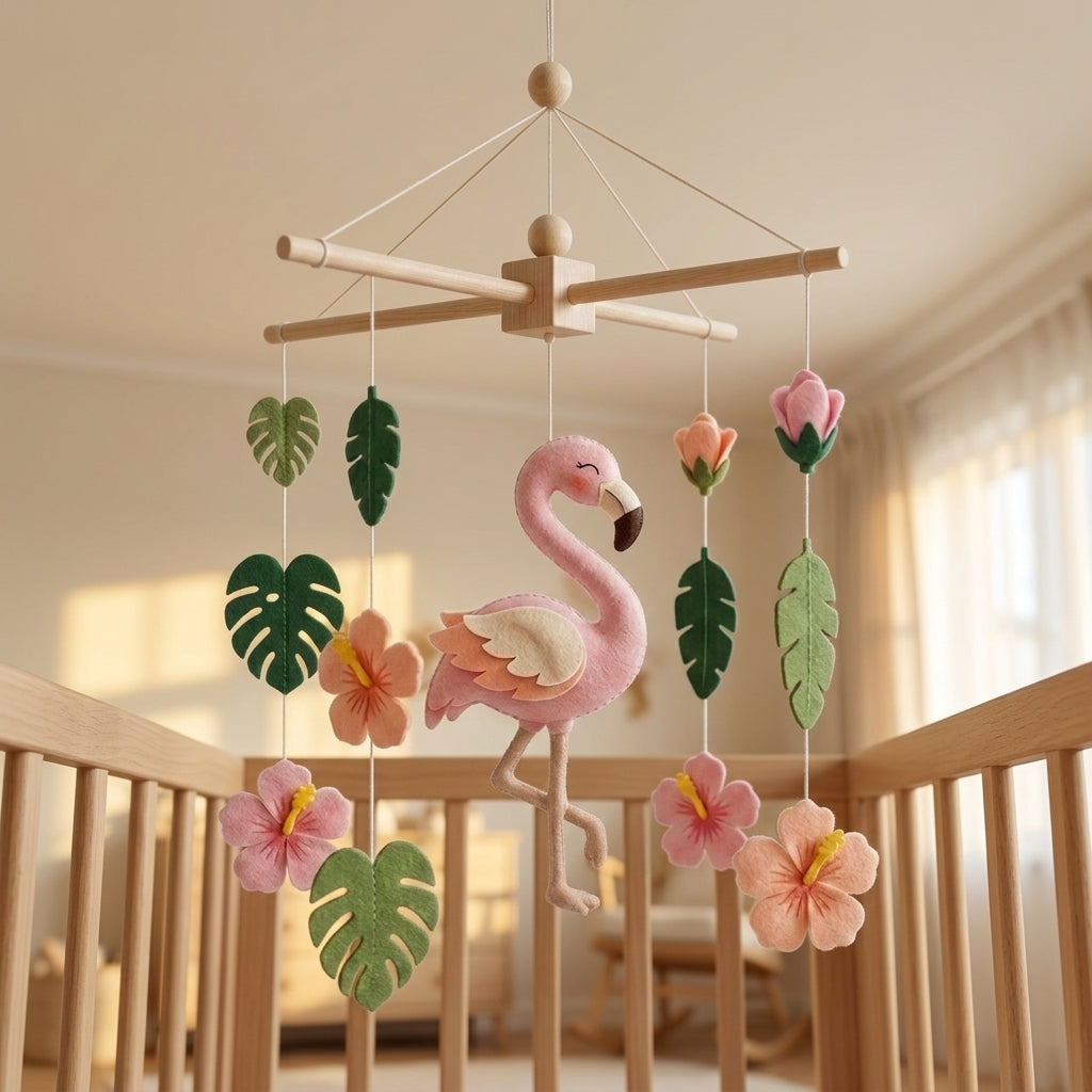 Felt Baby Mobile, Flamingo Crib Mobile, Tropical Nursery Decor, Baby Shower Gift
