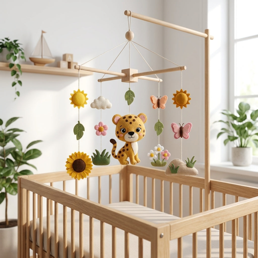 Handmade felt baby mobile featuring a central leopard, surrounded by sunflowers, the sun, butterflies, and green leaves hanging from a wooden frame over a baby crib, sunny safari-themed nursery decor