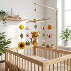 Handmade felt baby mobile featuring a central leopard, surrounded by sunflowers, the sun, butterflies, and green leaves hanging from a wooden frame over a baby crib, sunny safari-themed nursery decor