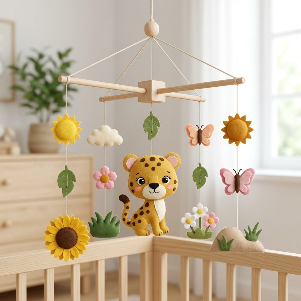 Felt Baby Mobile, Leopard Nursery Decor, Sunflower and Butterfly Crib Mobile, Baby Shower Gift