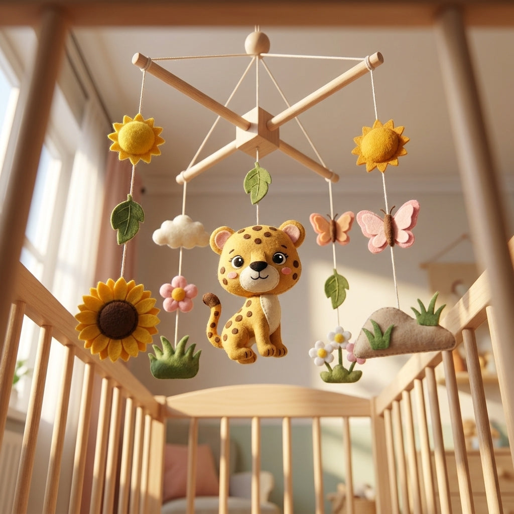 Felt Baby Mobile, Leopard Nursery Decor, Sunflower and Butterfly Crib Mobile, Baby Shower Gift