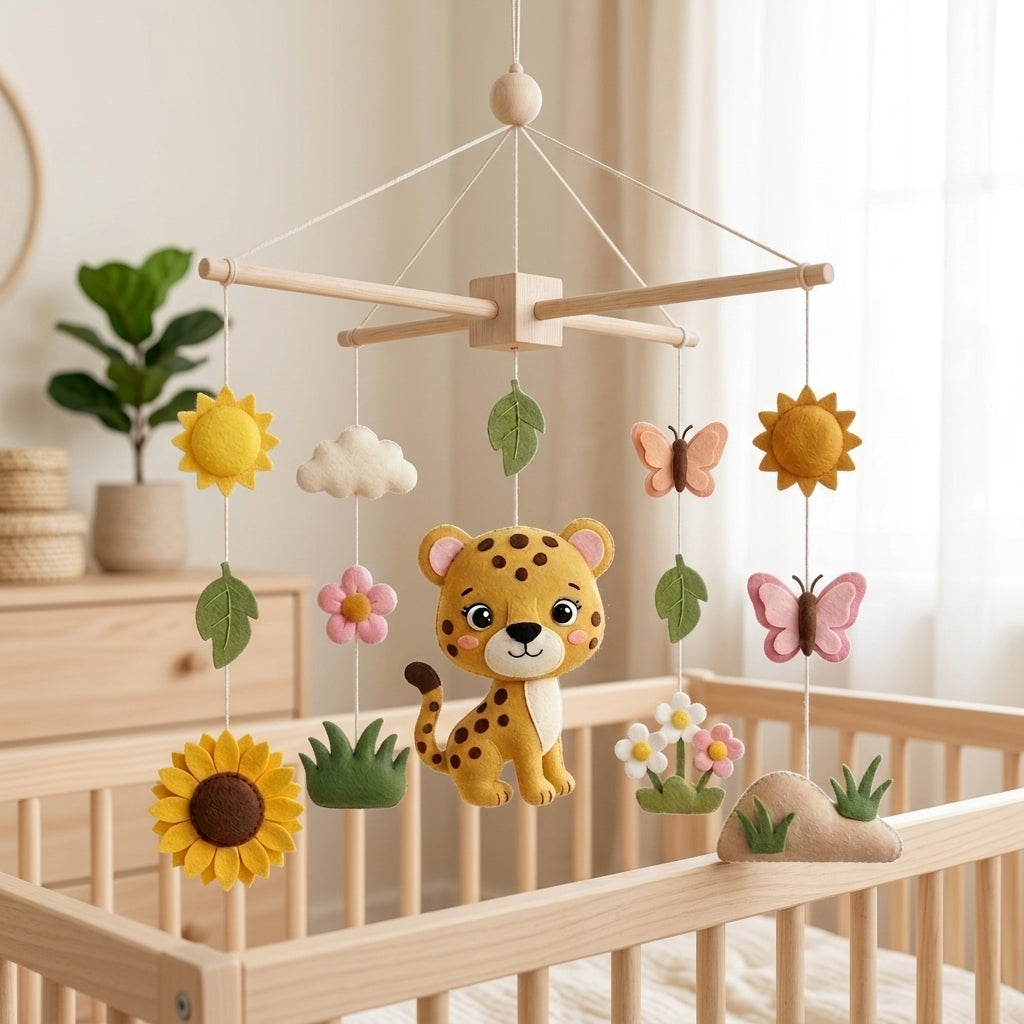 Felt Baby Mobile, Leopard Nursery Decor, Sunflower and Butterfly Crib Mobile, Baby Shower Gift