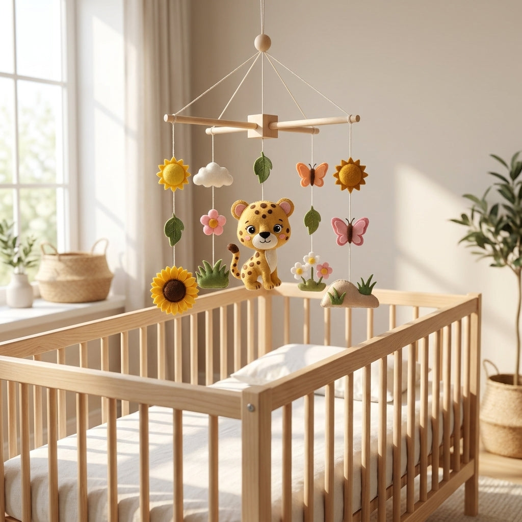 Felt Baby Mobile, Leopard Nursery Decor, Sunflower and Butterfly Crib Mobile, Baby Shower Gift