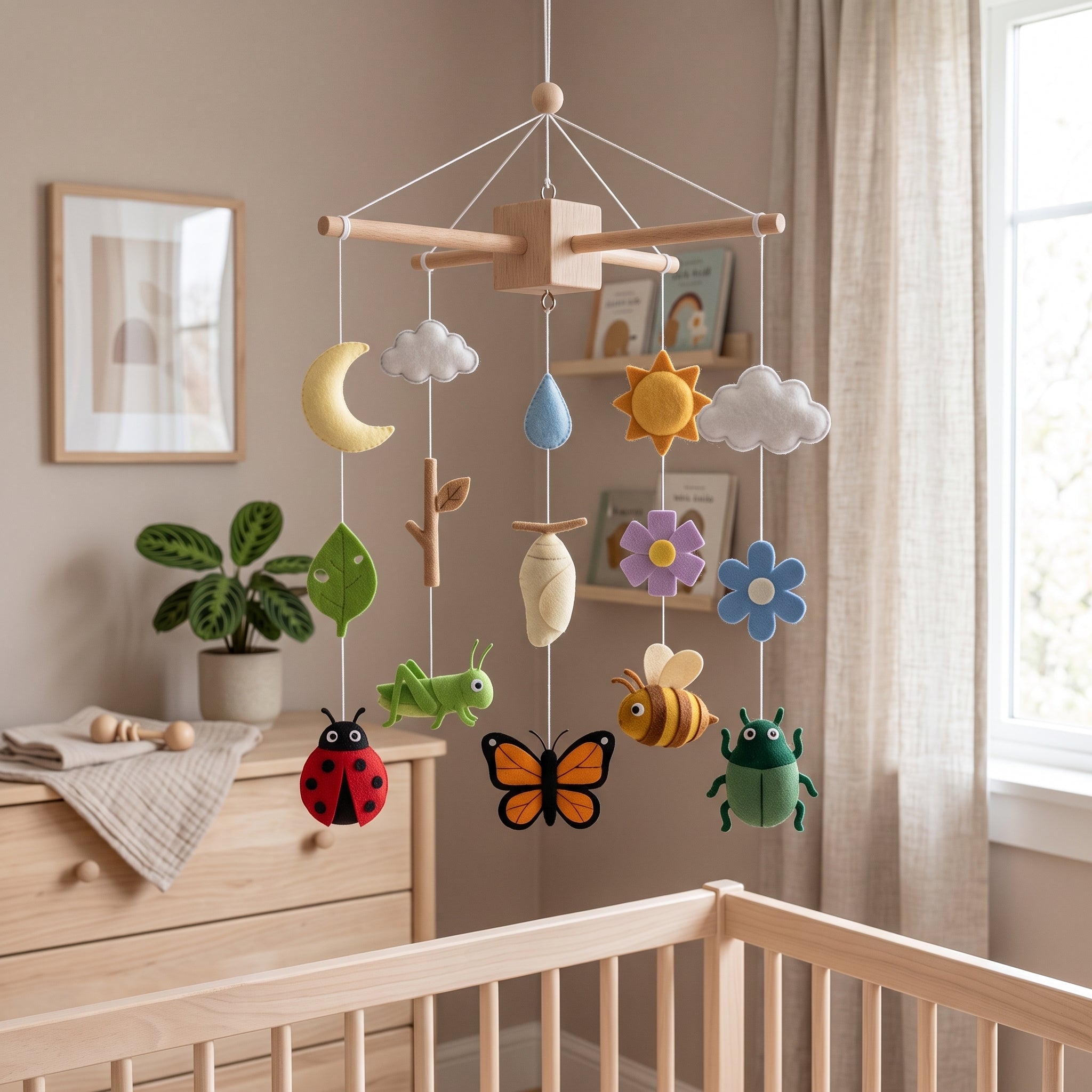 Felt Baby Mobile, Nature Theme Nursery Decor, Insect and Garden Crib Mobile, Educational Baby Shower Gift