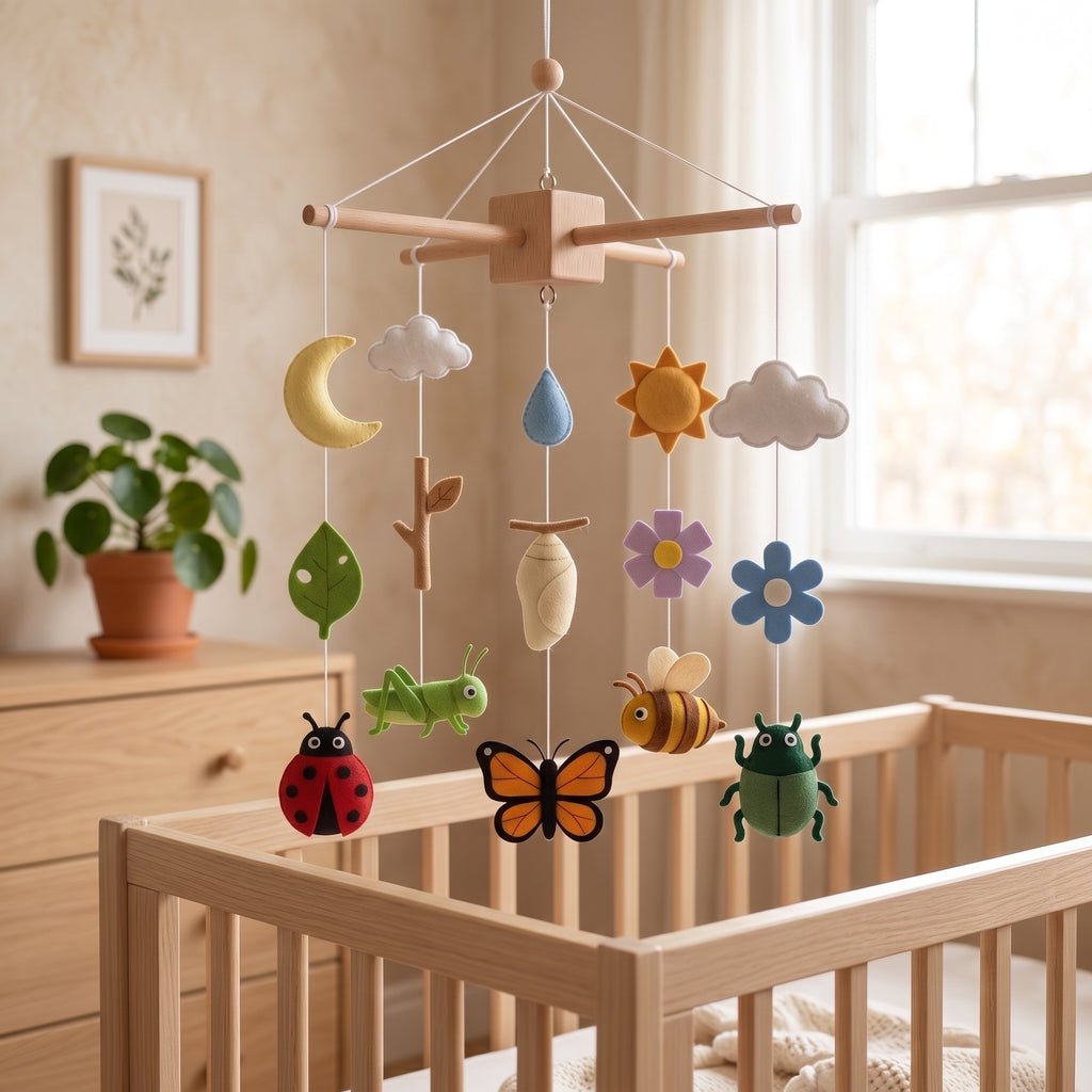 Handmade felt baby mobile featuring various insects, a chrysalis, flowers, and weather elements hanging over a wooden baby crib, nature and life cycle themed nursery decor