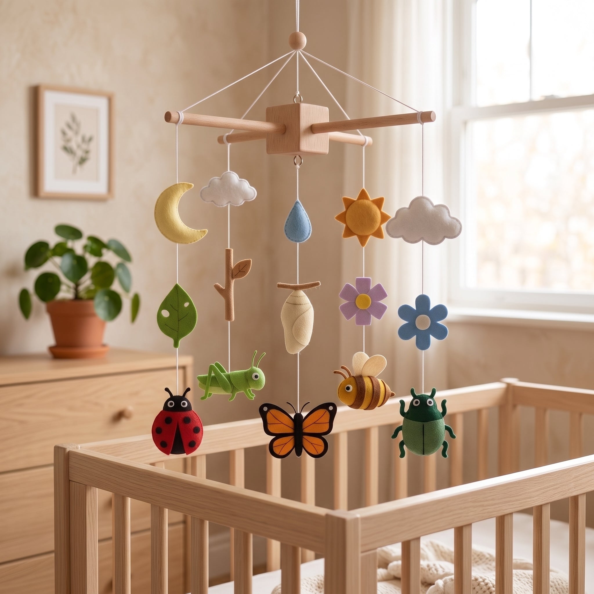 Handmade felt baby mobile featuring various insects, a chrysalis, flowers, and weather elements hanging over a wooden baby crib, nature and life cycle themed nursery decor