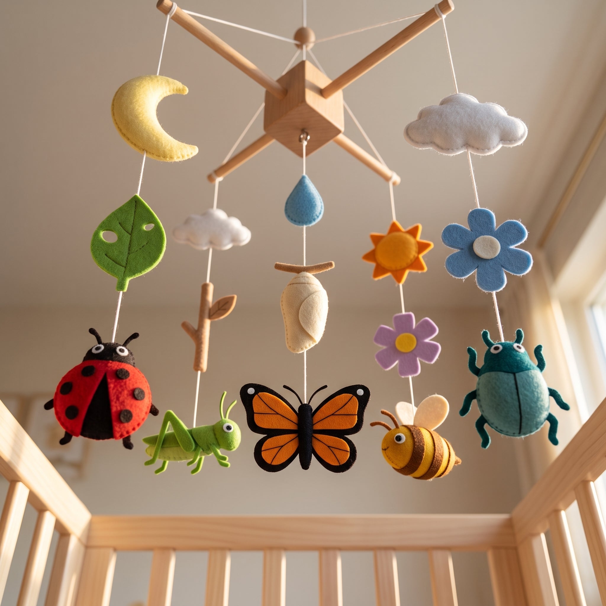 Felt Baby Mobile, Nature Theme Nursery Decor, Insect and Garden Crib Mobile, Educational Baby Shower Gift