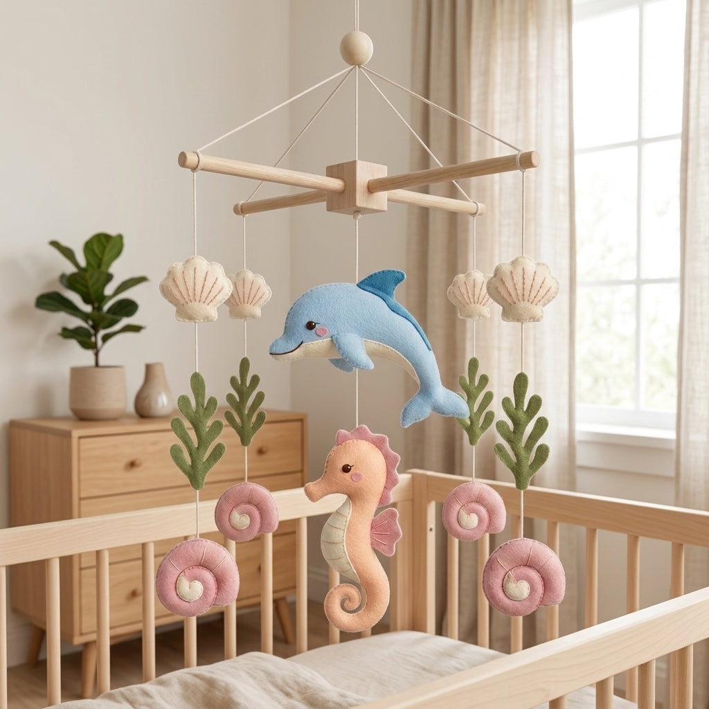 Felt Baby Mobile, Ocean Baby Mobile, Dolphin & Seahorse Crib Mobile, Coastal Nursery Decor, Baby Shower Gift