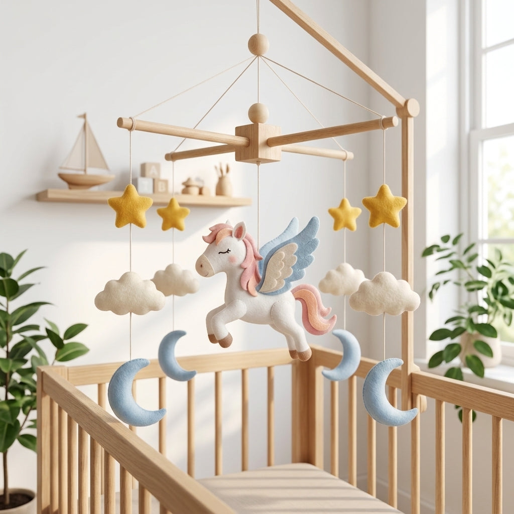 Handmade felt Pegasus baby mobile with clouds, stars and crescent moons hanging above a wooden crib in a dreamy nursery.