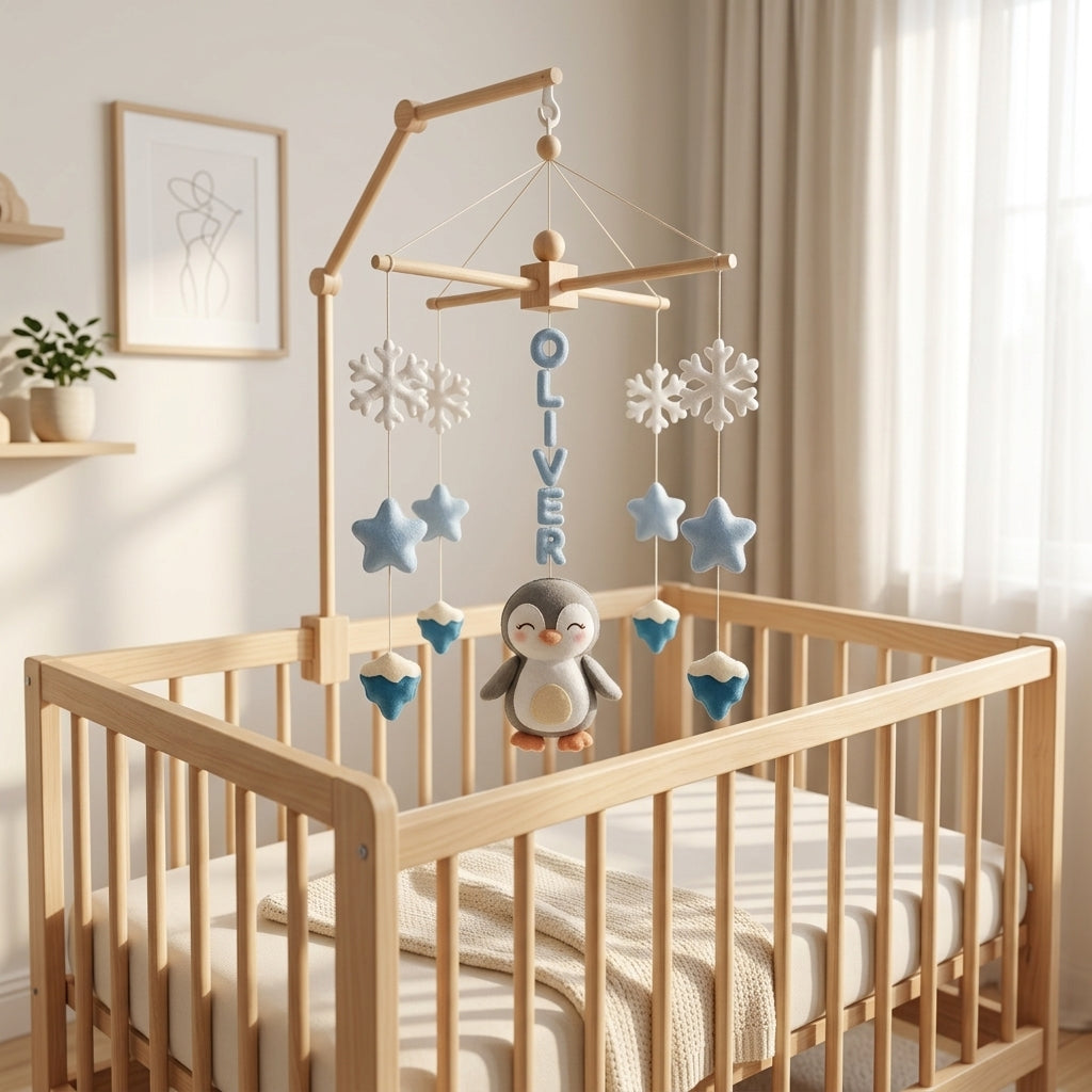 Personalized felt penguin baby mobile with snowflakes, stars and icebergs hanging above a wooden crib.